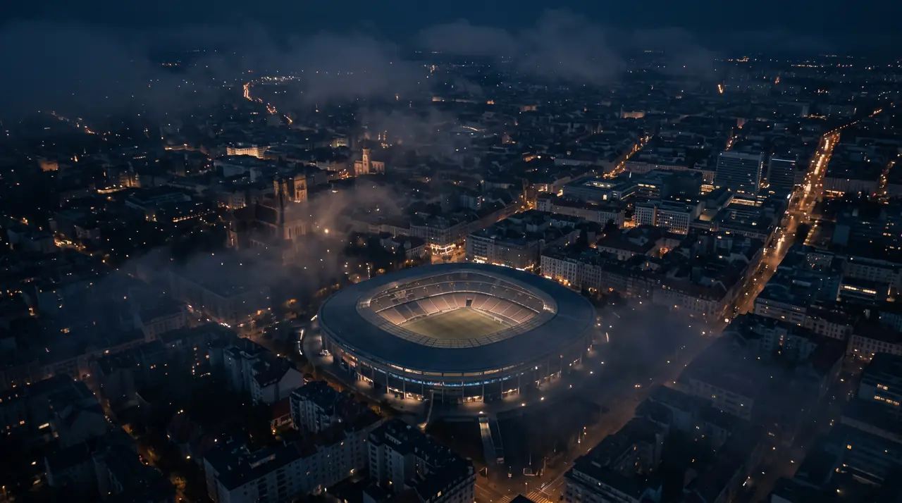 Un stadion luminat noaptea, văzut de sus, în inima orașului